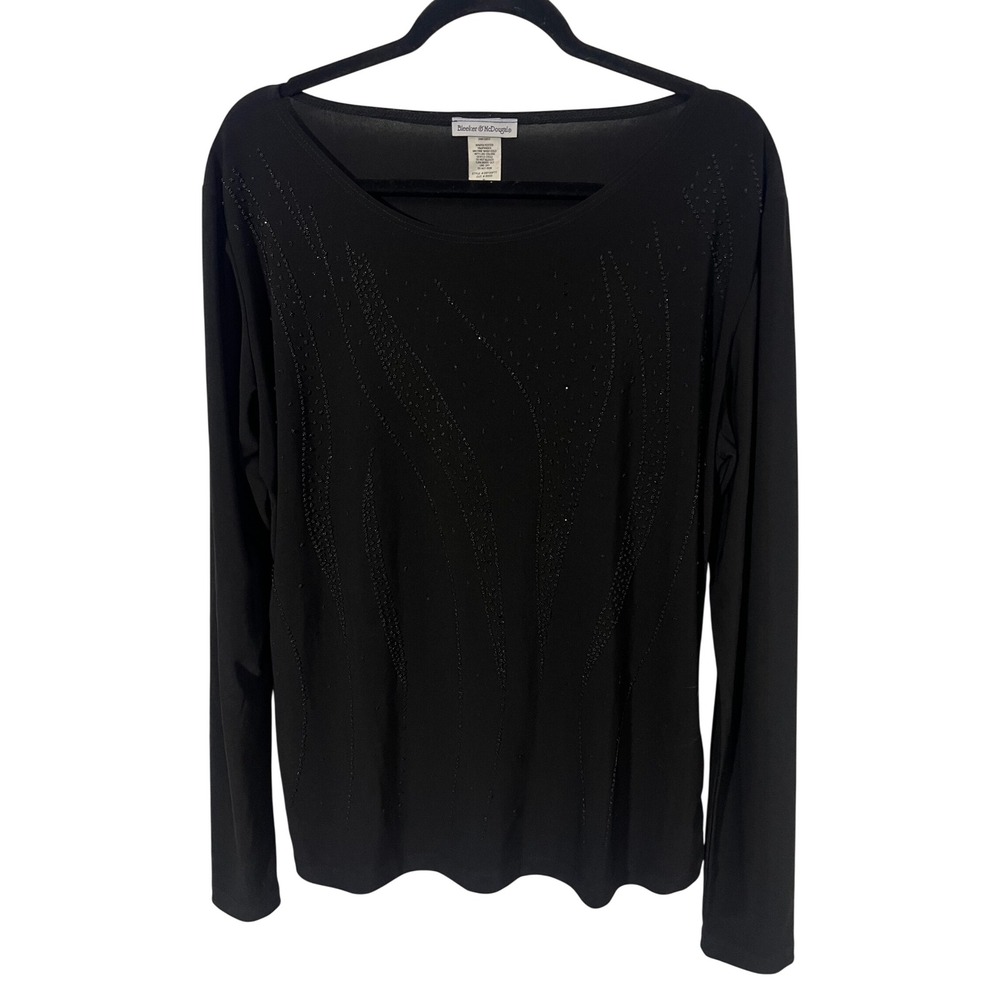 Vtg Bleeker & McDougal Beaded Top XL Minimalist Wave Detail Black Long Sleeve